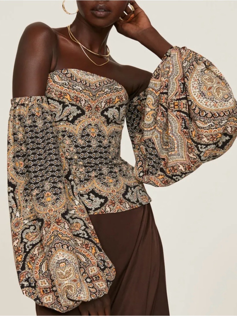 Bronx & Banco Off-Shoulder Paisley Print Blouson Sleeve Top Black & Brown Size 6
